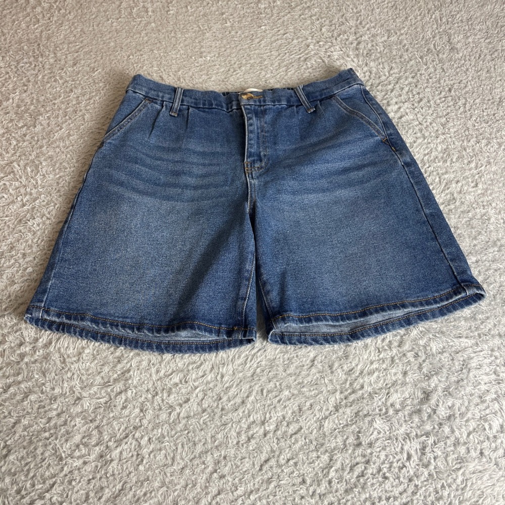 Poppy & Grace Womens Pleated Denim Shorts Blue Medium Wash Elastic Back Size 30